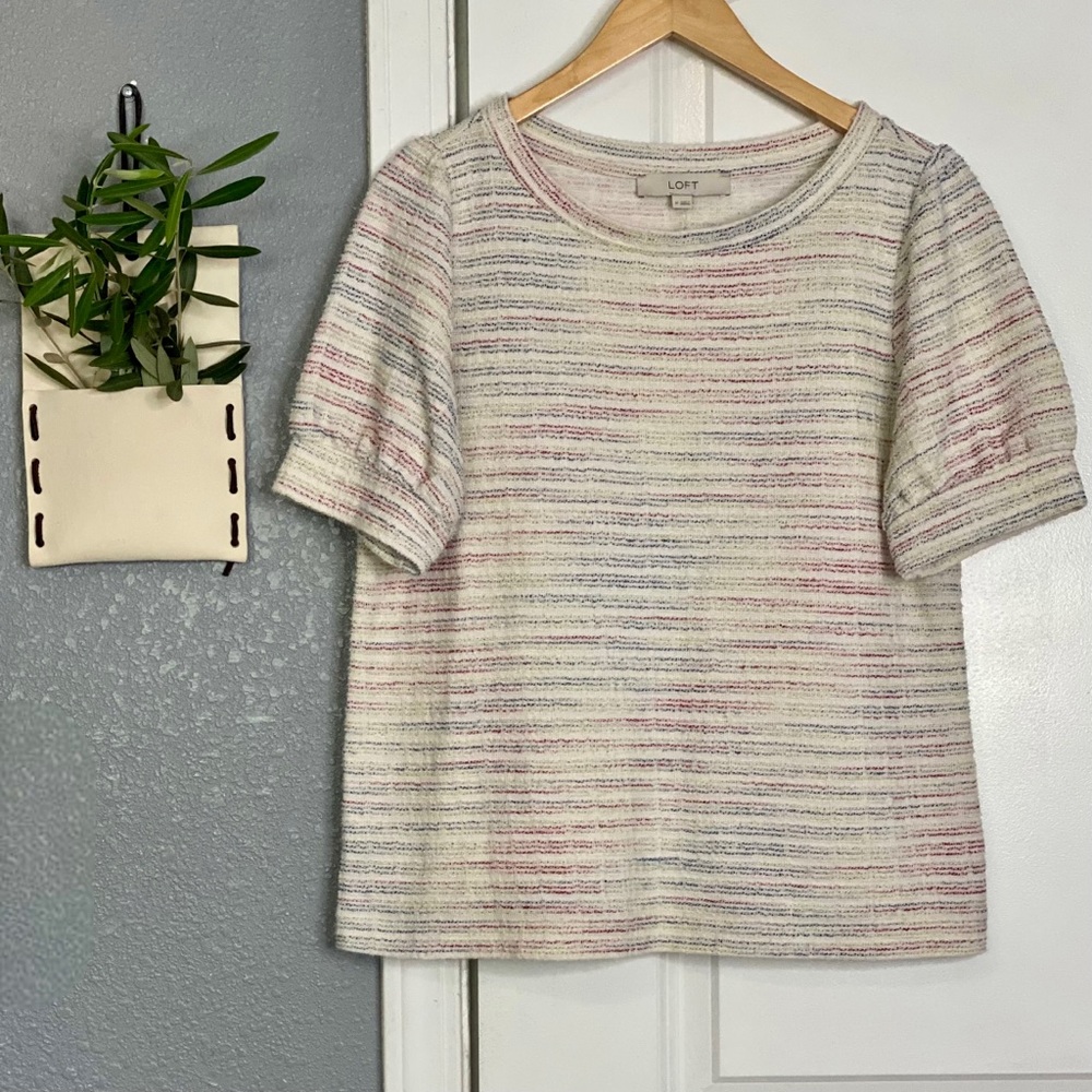 Loft Woman’s Multicolored Tweed Puff Sleeve Top - Size Medium